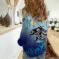 Mother And Baby Dolphins Women Casual Shirt Hawaii Hibiscus