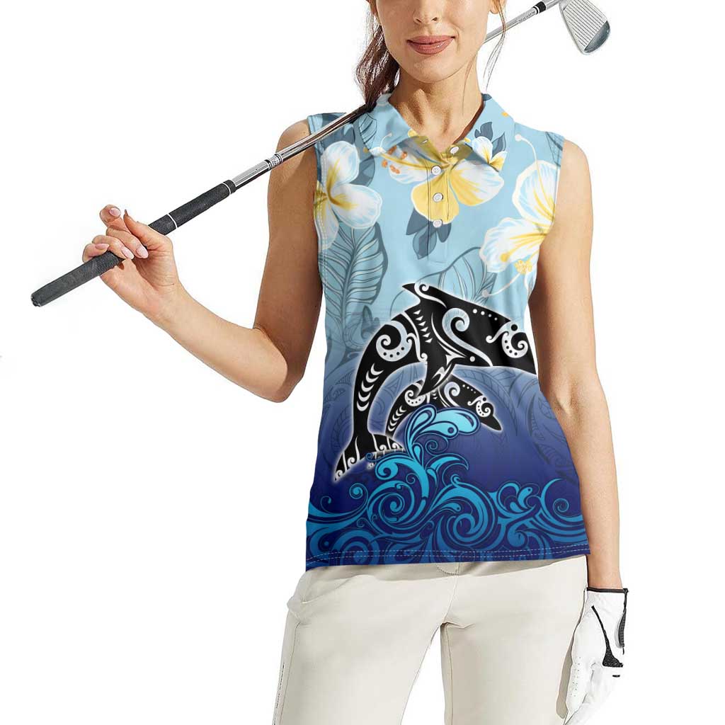 Mother And Baby Dolphins Women Sleeveless Polo Shirt Hawaii Hibiscus