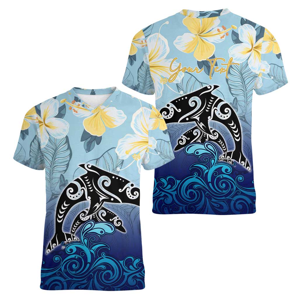 Mother And Baby Dolphins Women V-Neck T-Shirt Hawaii Hibiscus