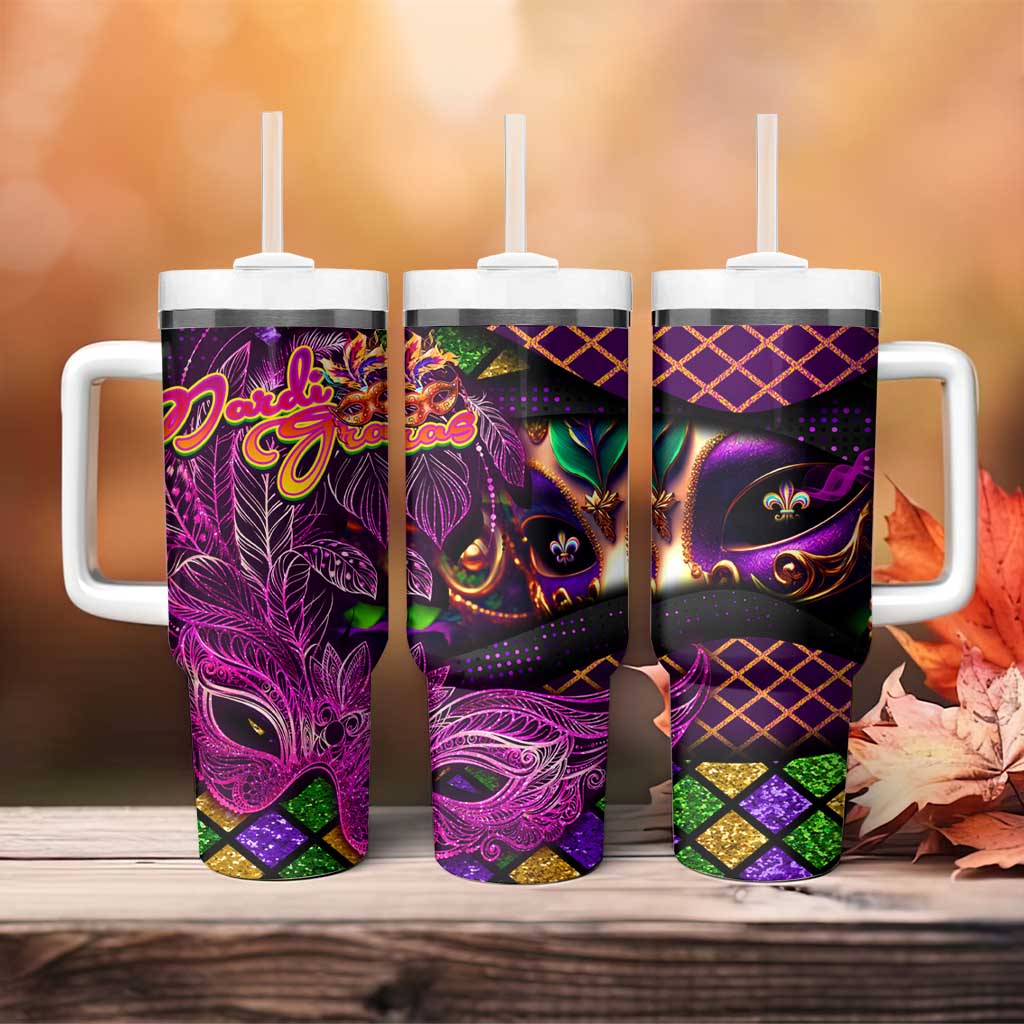 Happy Mardi Gras Tumbler With Handle Mask Feather Colorfull