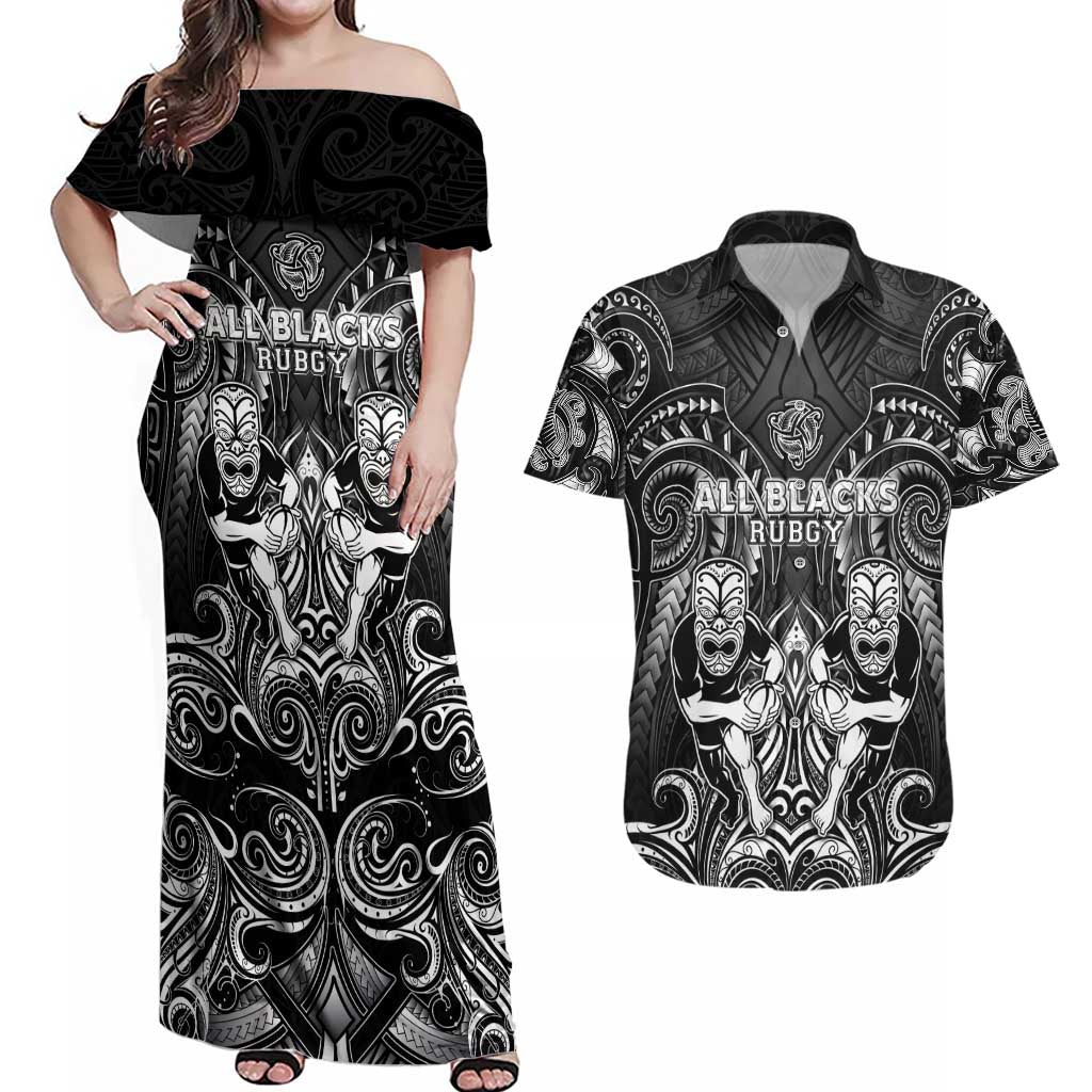 Personalized All Black Couples Matching Off Shoulder Maxi Dress and Hawaiian Shirt New Zealand Rugby Mascot Maori