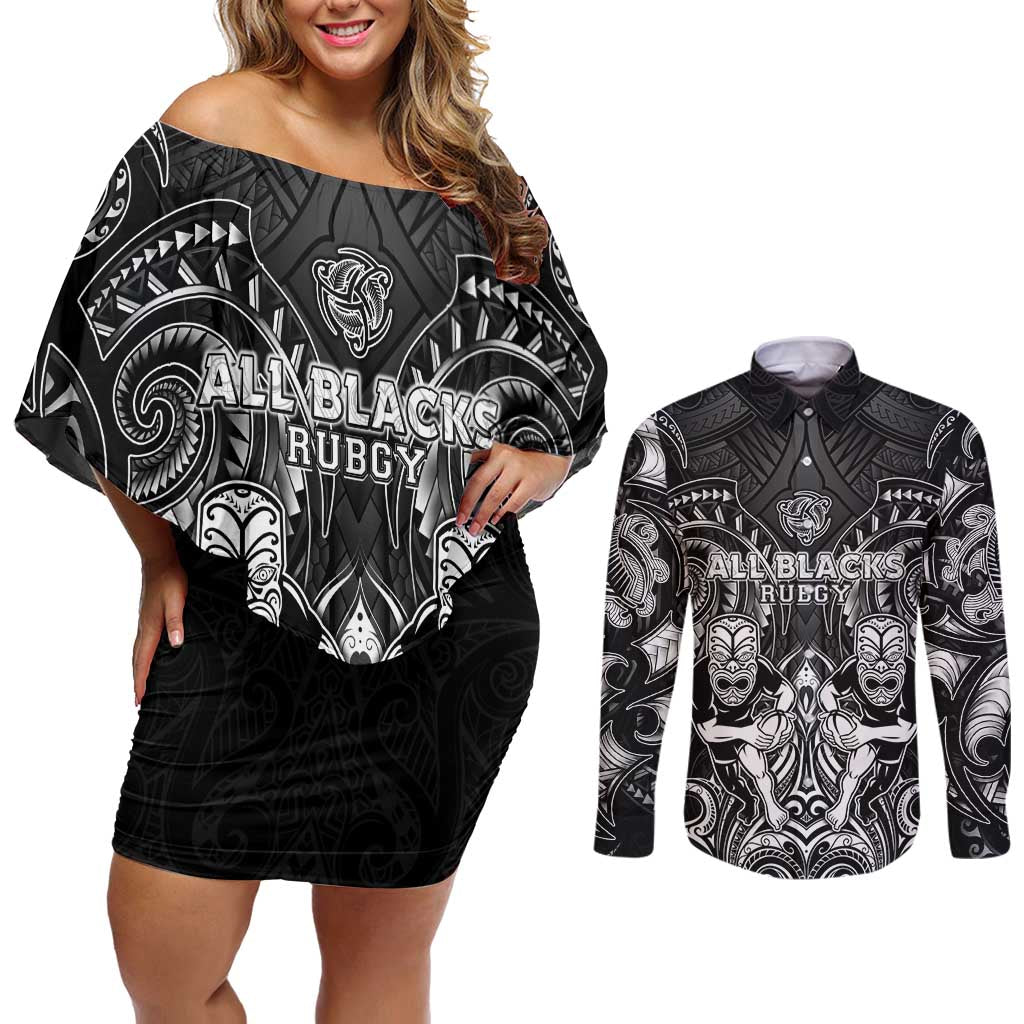 Personalized All Black Couples Matching Off Shoulder Short Dress and Long Sleeve Button Shirt New Zealand Rugby Mascot Maori