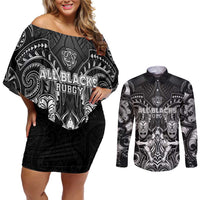 Personalized All Black Couples Matching Off Shoulder Short Dress and Long Sleeve Button Shirt New Zealand Rugby Mascot Maori