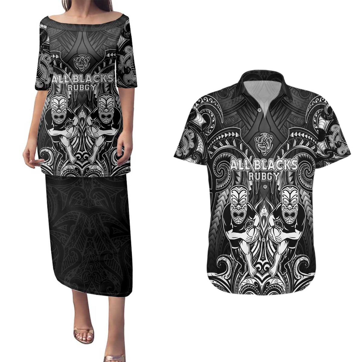 Personalized All Black Couples Matching Puletasi and Hawaiian Shirt New Zealand Rugby Mascot Maori