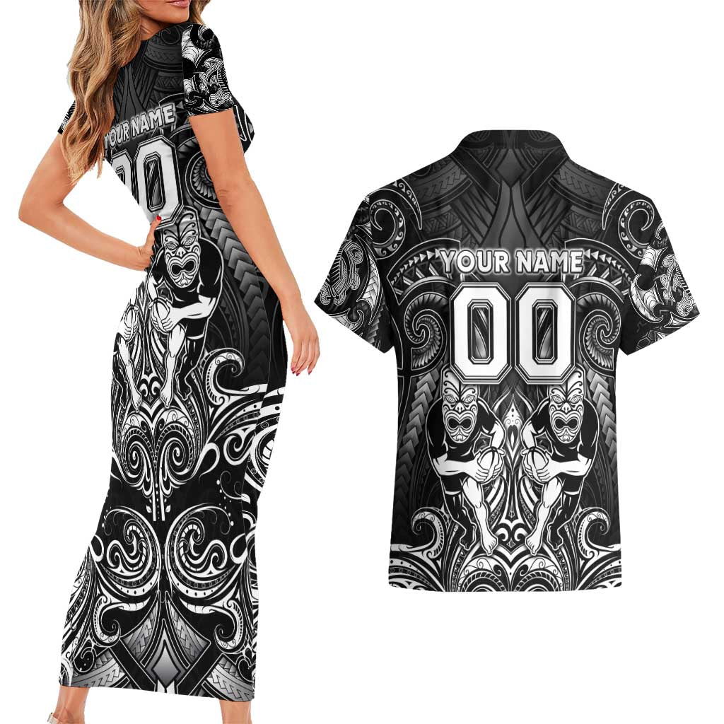 Personalized All Black Couples Matching Short Sleeve Bodycon Dress and Hawaiian Shirt New Zealand Rugby Mascot Maori