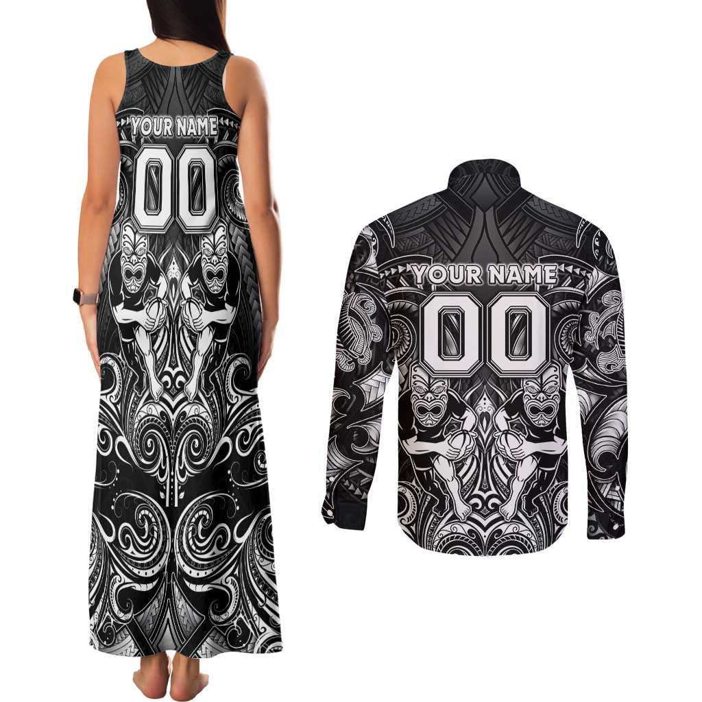 Personalized All Black Couples Matching Tank Maxi Dress and Long Sleeve Button Shirt New Zealand Rugby Mascot Maori