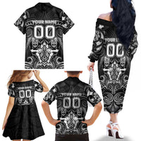 Personalized All Black Family Matching Off The Shoulder Long Sleeve Dress and Hawaiian Shirt New Zealand Rugby Mascot Maori