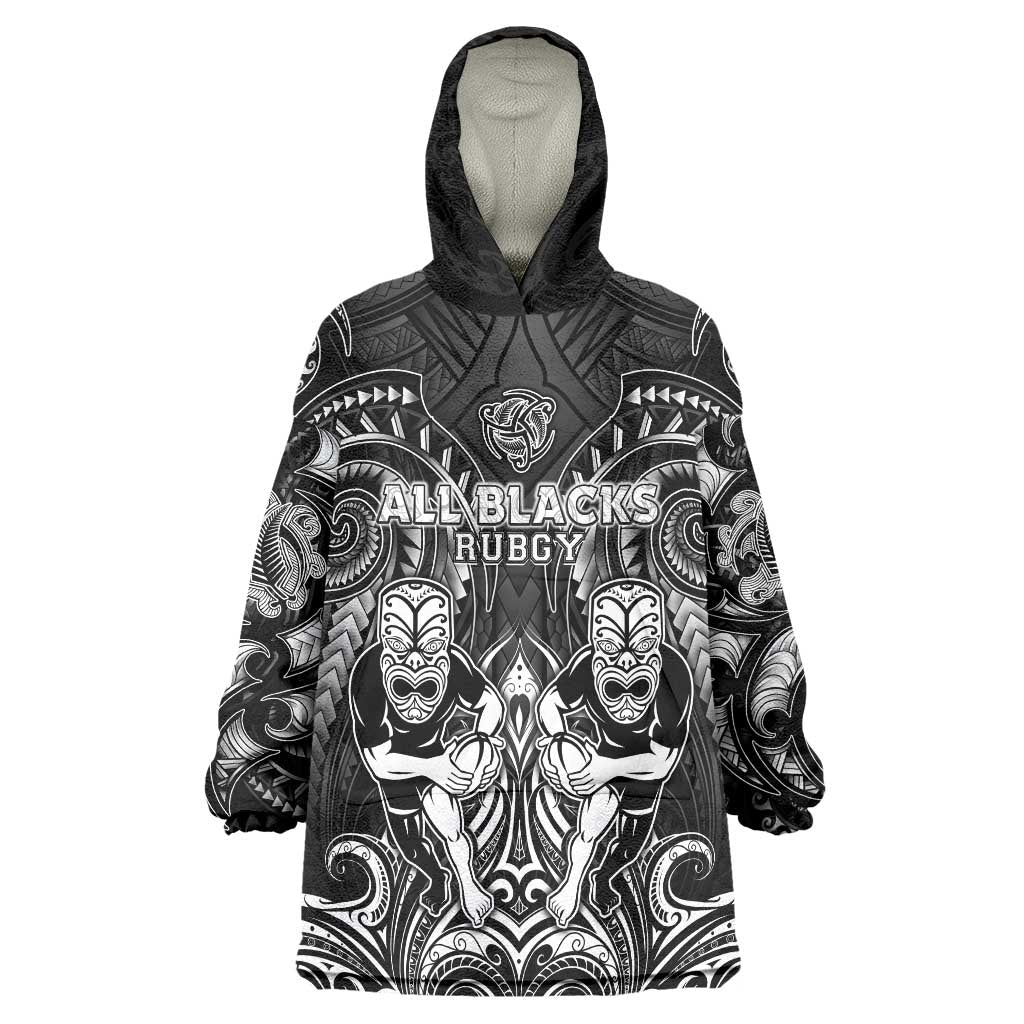 Personalized All Black Wearable Blanket Hoodie New Zealand Rugby Mascot Maori