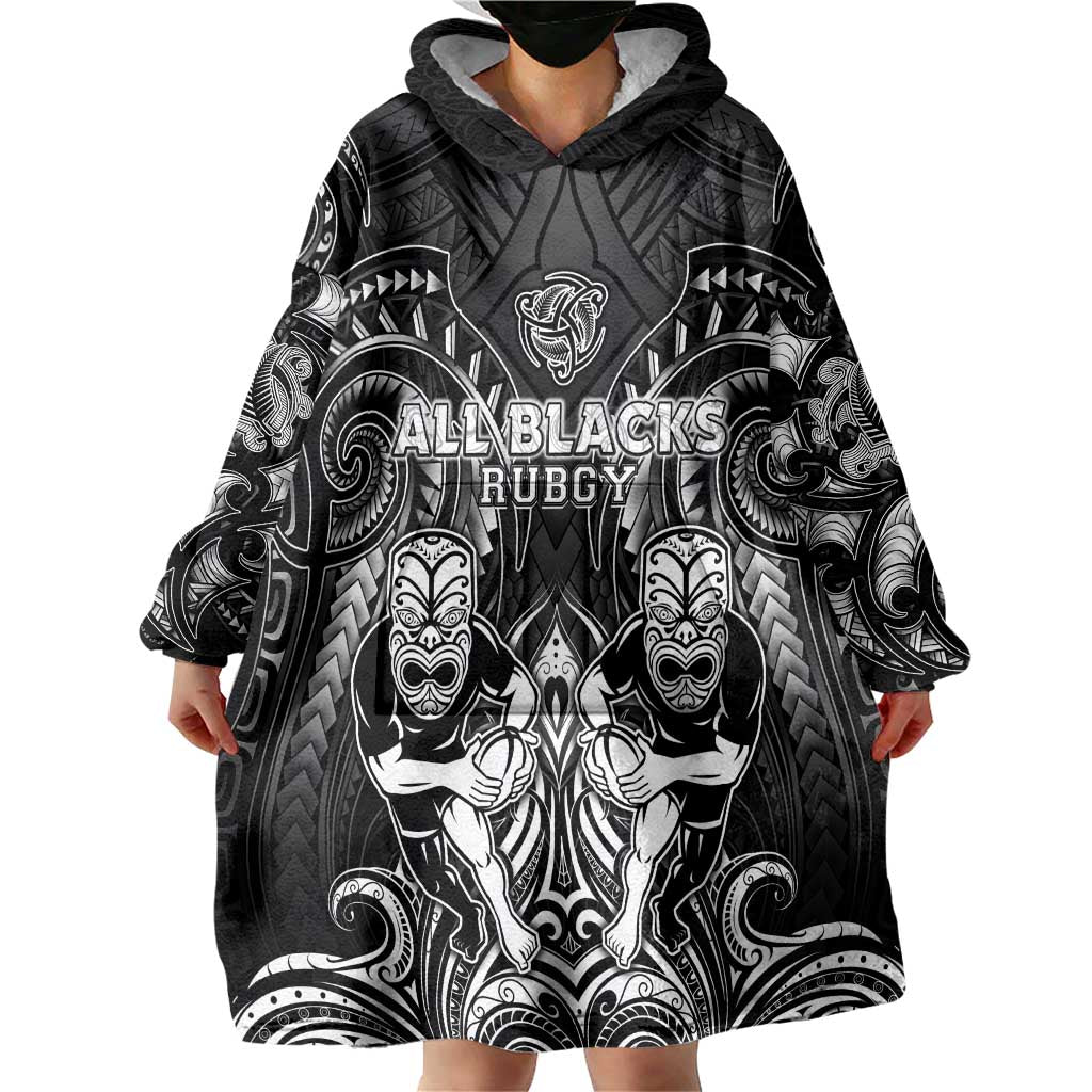 Personalized All Black Wearable Blanket Hoodie New Zealand Rugby Mascot Maori