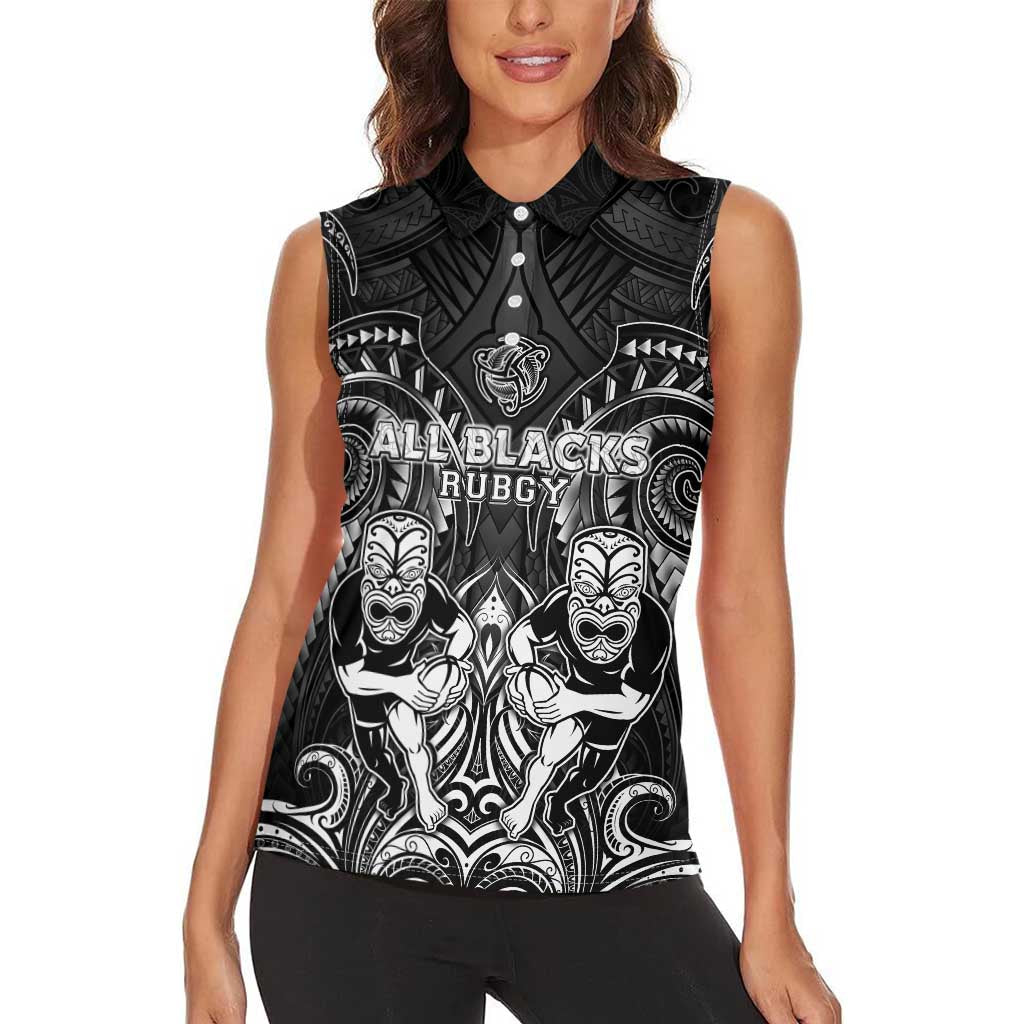 Personalized All Black Women Sleeveless Polo Shirt New Zealand Rugby Mascot Maori