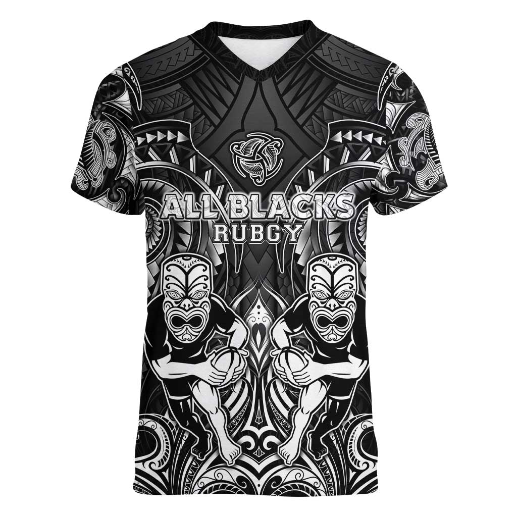 Personalized All Black Women V-Neck T-Shirt New Zealand Rugby Mascot Maori