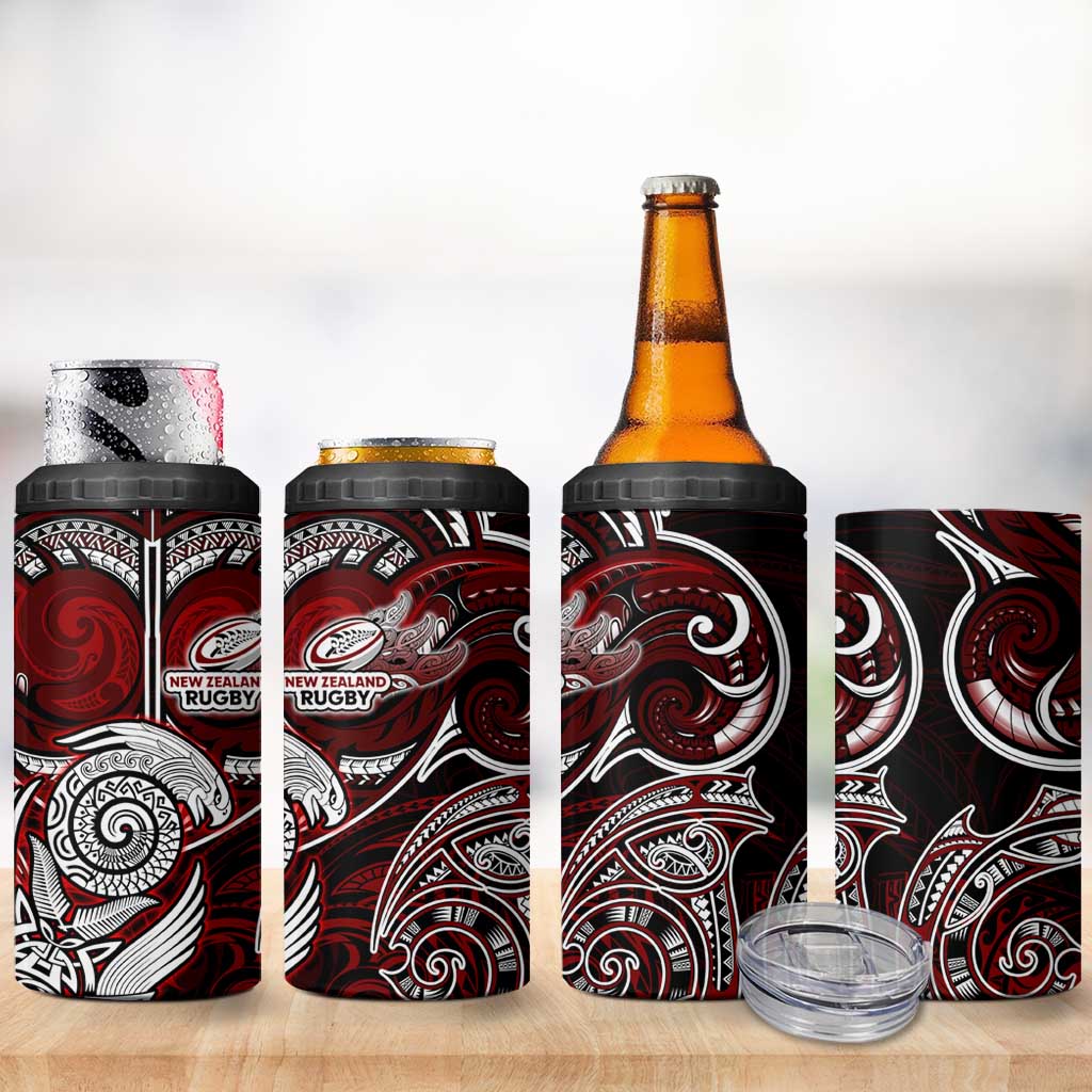 New Zealand Aotearoa Rugby 4 in 1 Can Cooler Tumbler Maori Fern Tattoo Art