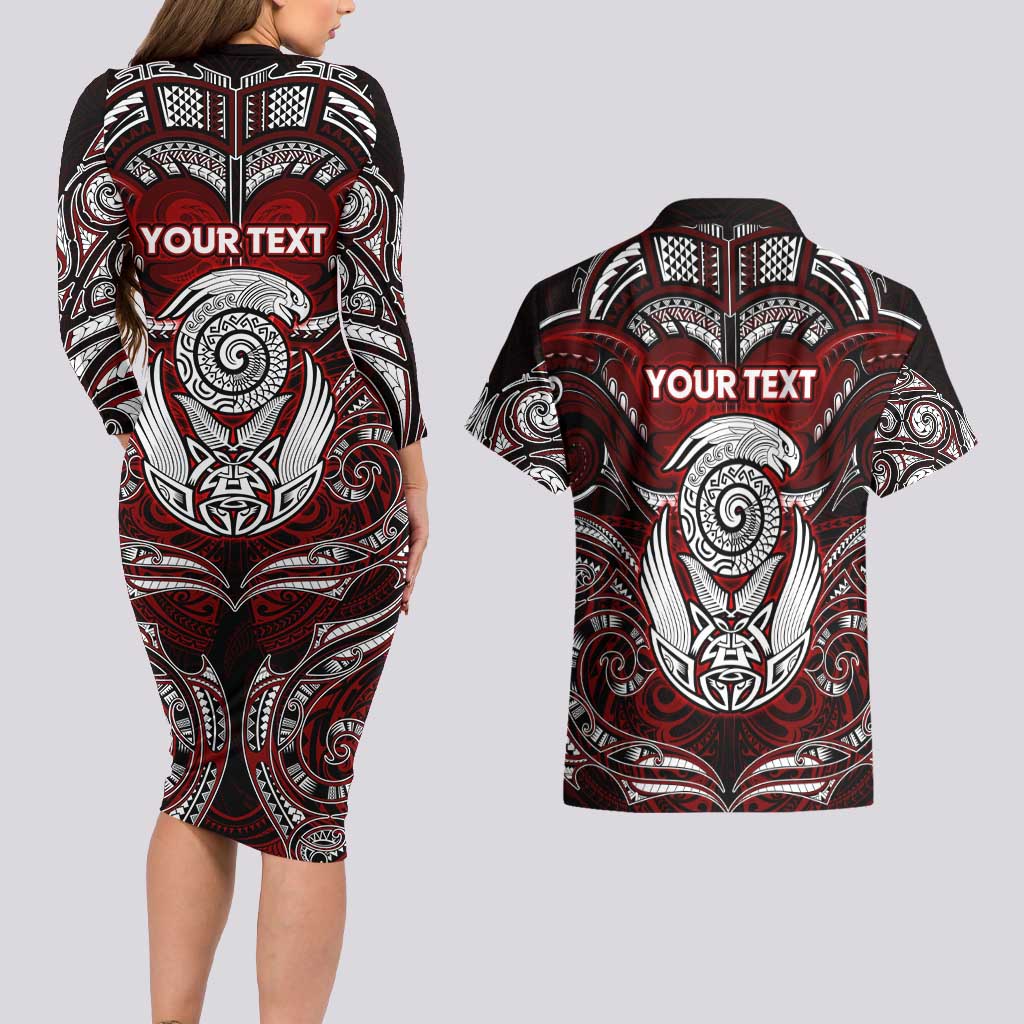 Personalized New Zealand Aotearoa Rugby Couples Matching Long Sleeve Bodycon Dress and Hawaiian Shirt Maori Fern Tattoo Art