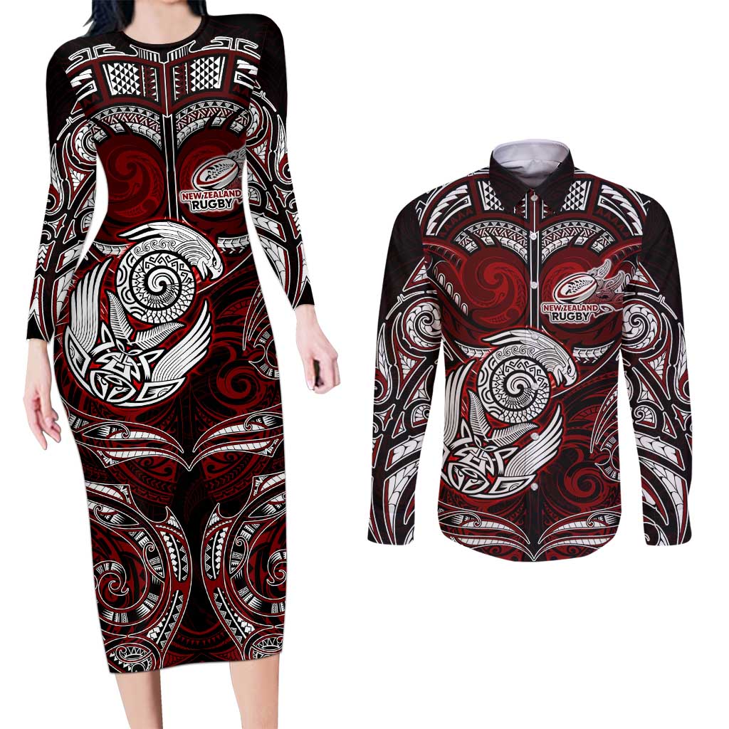 Personalized New Zealand Aotearoa Rugby Couples Matching Long Sleeve Bodycon Dress and Long Sleeve Button Shirt Maori Fern Tattoo Art