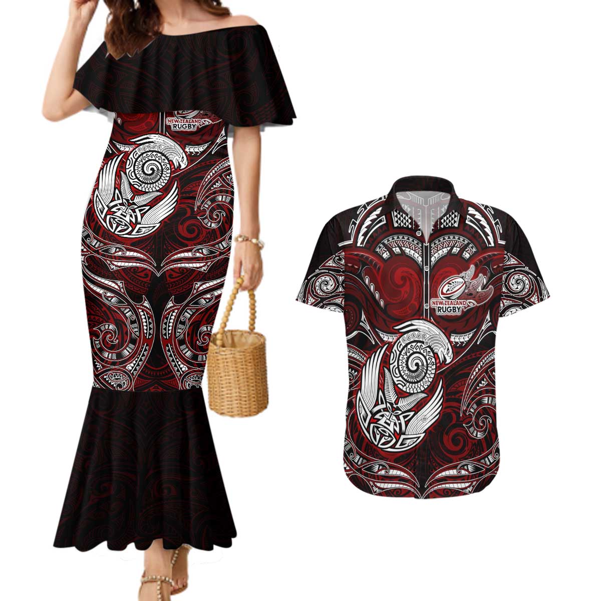Personalized New Zealand Aotearoa Rugby Couples Matching Mermaid Dress and Hawaiian Shirt Maori Fern Tattoo Art