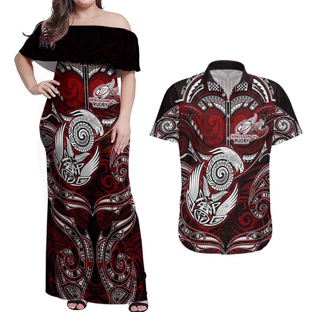 Personalized New Zealand Aotearoa Rugby Couples Matching Off Shoulder Maxi Dress and Hawaiian Shirt Maori Fern Tattoo Art
