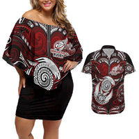 Personalized New Zealand Aotearoa Rugby Couples Matching Off Shoulder Short Dress and Hawaiian Shirt Maori Fern Tattoo Art