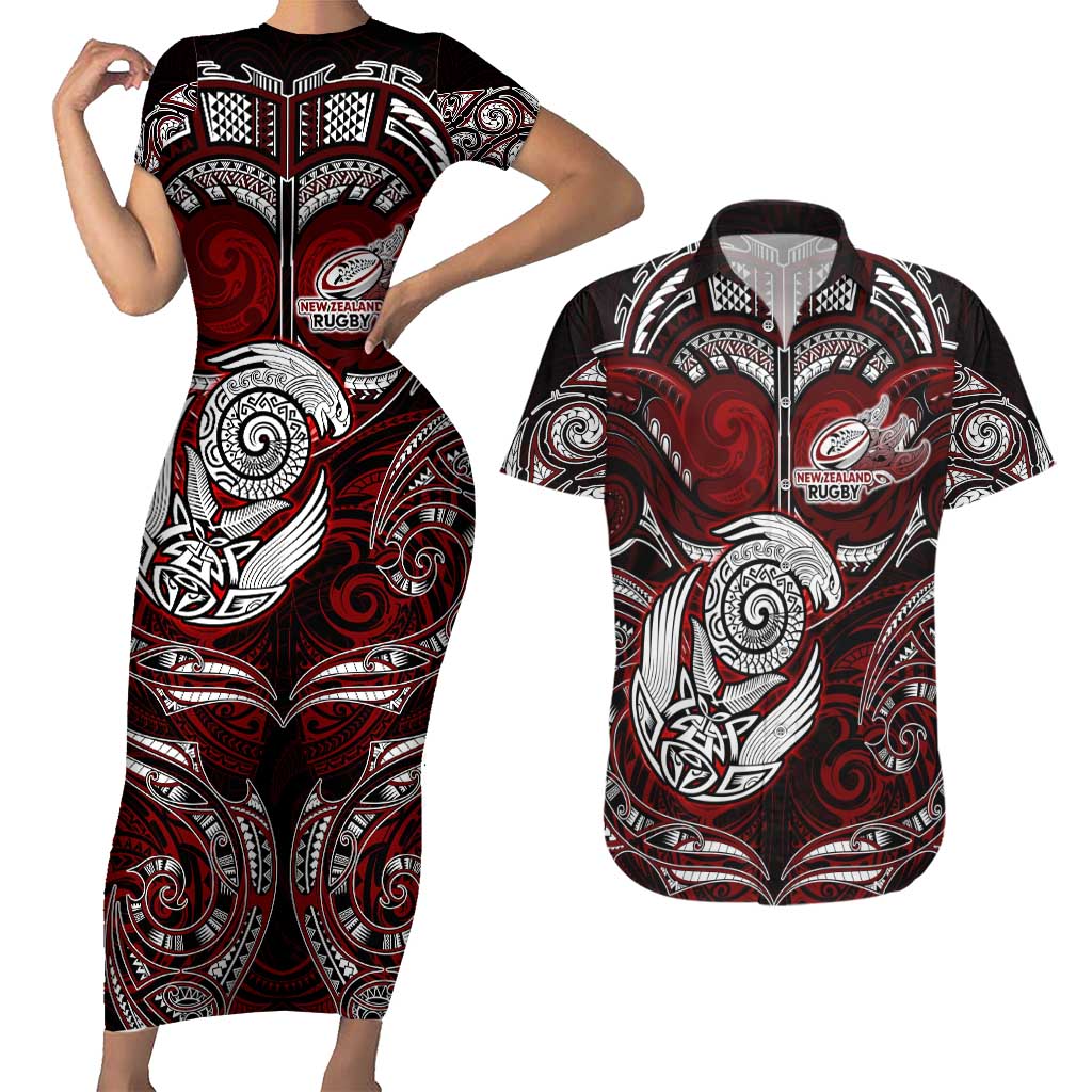 Personalized New Zealand Aotearoa Rugby Couples Matching Short Sleeve Bodycon Dress and Hawaiian Shirt Maori Fern Tattoo Art