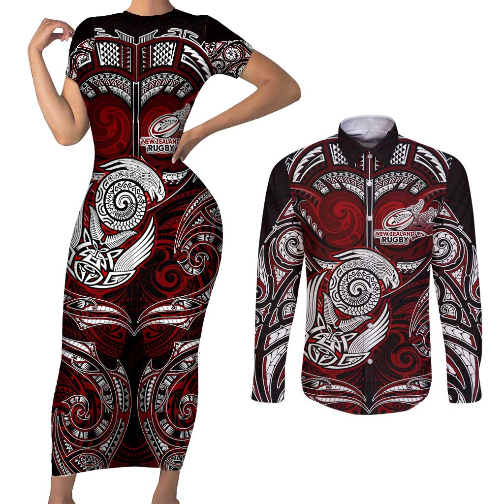 Personalized New Zealand Aotearoa Rugby Couples Matching Short Sleeve Bodycon Dress and Long Sleeve Button Shirt Maori Fern Tattoo Art