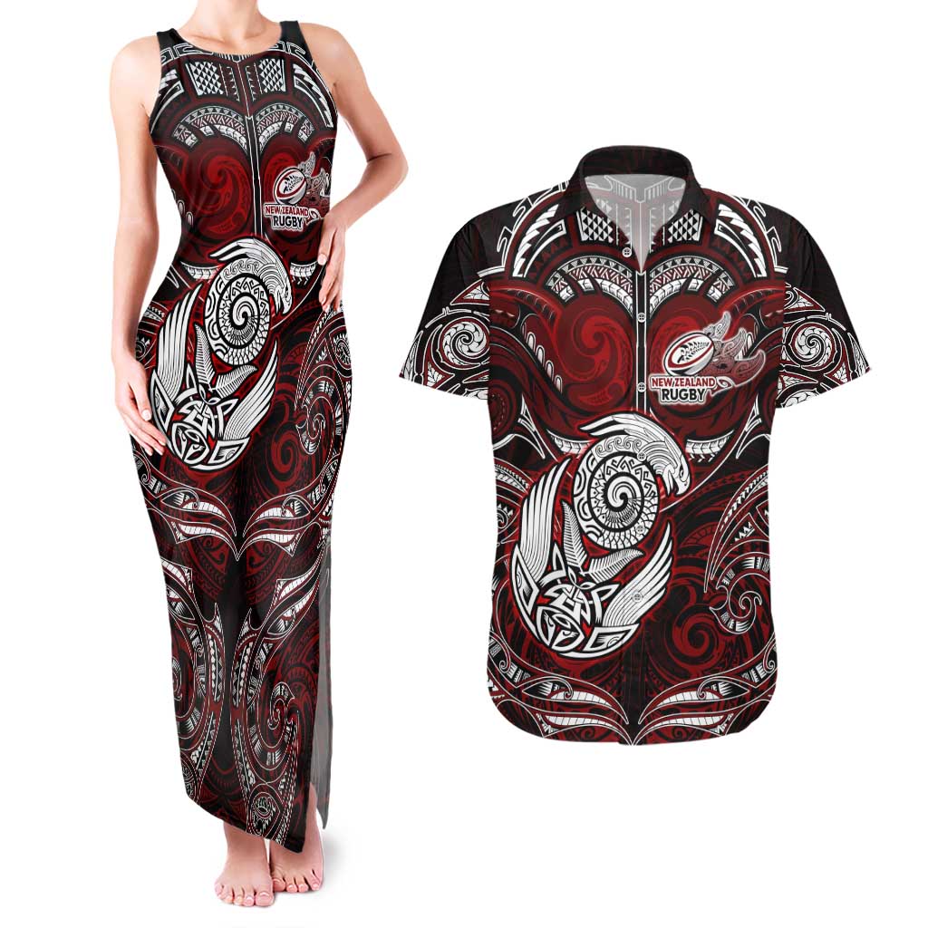 Personalized New Zealand Aotearoa Rugby Couples Matching Tank Maxi Dress and Hawaiian Shirt Maori Fern Tattoo Art