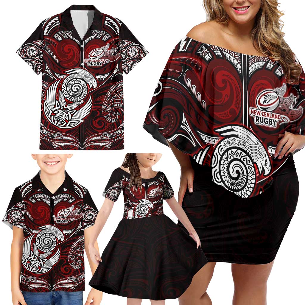 Personalized New Zealand Aotearoa Rugby Family Matching Off Shoulder Short Dress and Hawaiian Shirt Maori Fern Tattoo Art