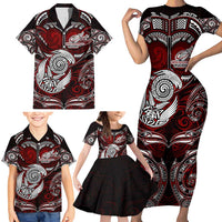 Personalized New Zealand Aotearoa Rugby Family Matching Short Sleeve Bodycon Dress and Hawaiian Shirt Maori Fern Tattoo Art
