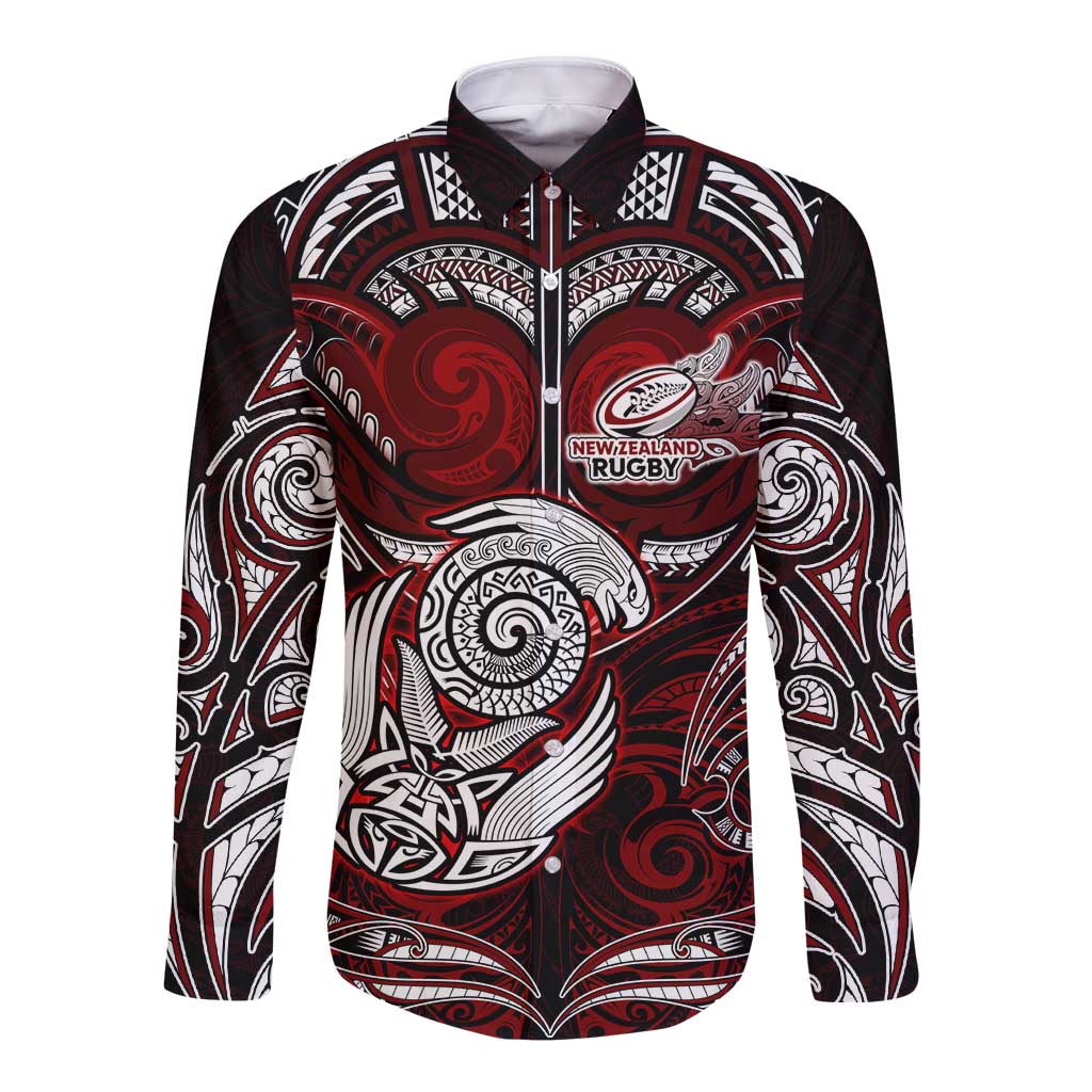 Personalized New Zealand Aotearoa Rugby Long Sleeve Button Shirt Maori Fern Tattoo Art