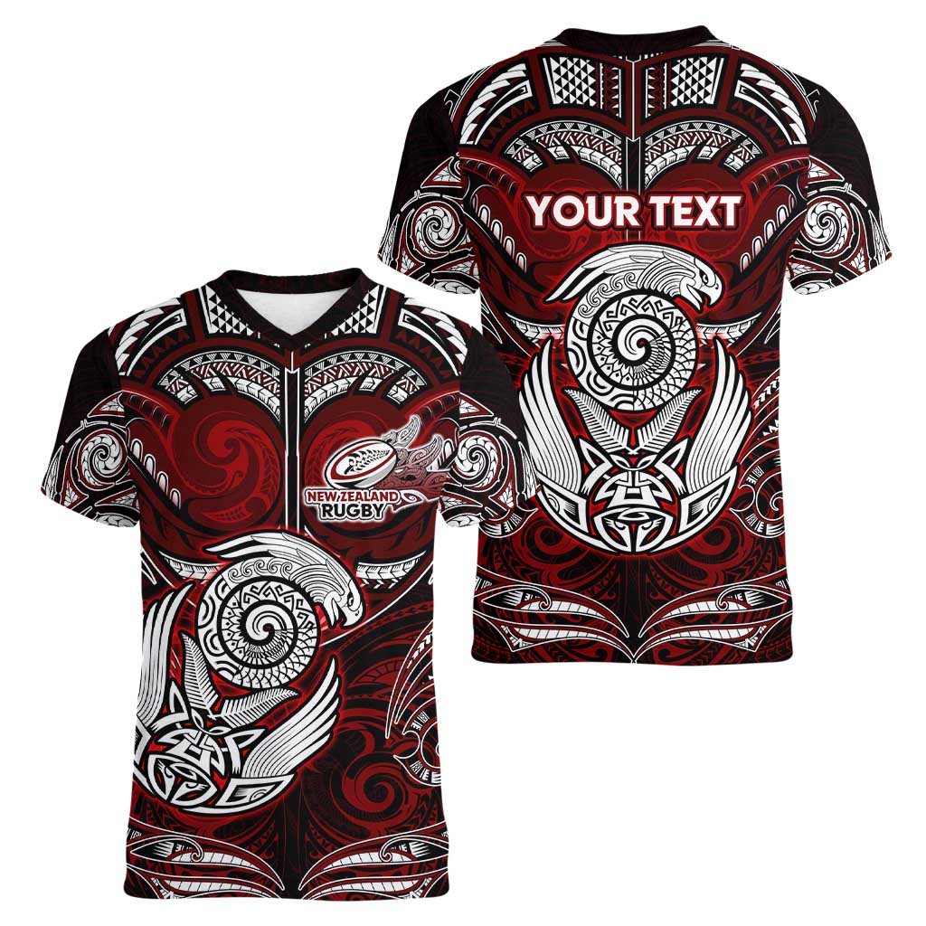Personalized New Zealand Aotearoa Rugby Women V-Neck T-Shirt Maori Fern Tattoo Art