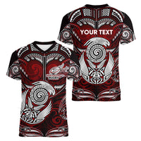 Personalized New Zealand Aotearoa Rugby Women V-Neck T-Shirt Maori Fern Tattoo Art