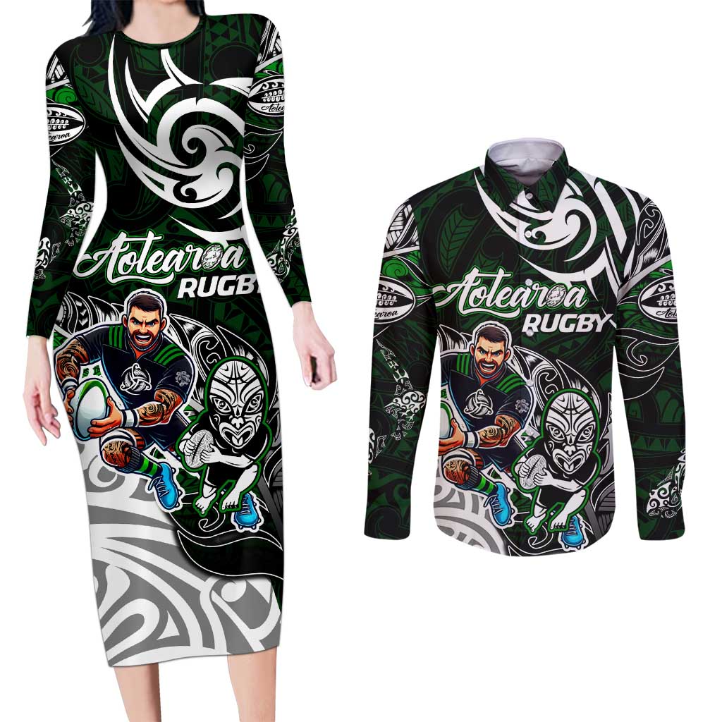 Personalized NZ Aotearoa Rugby Couples Matching Long Sleeve Bodycon Dress and Long Sleeve Button Shirt New Zealand Silver Fern