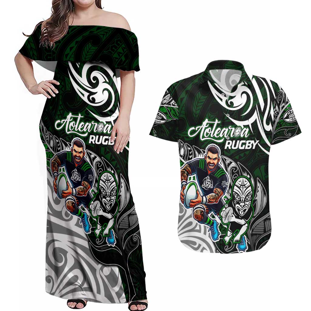 Personalized NZ Aotearoa Rugby Couples Matching Off Shoulder Maxi Dress and Hawaiian Shirt New Zealand Silver Fern