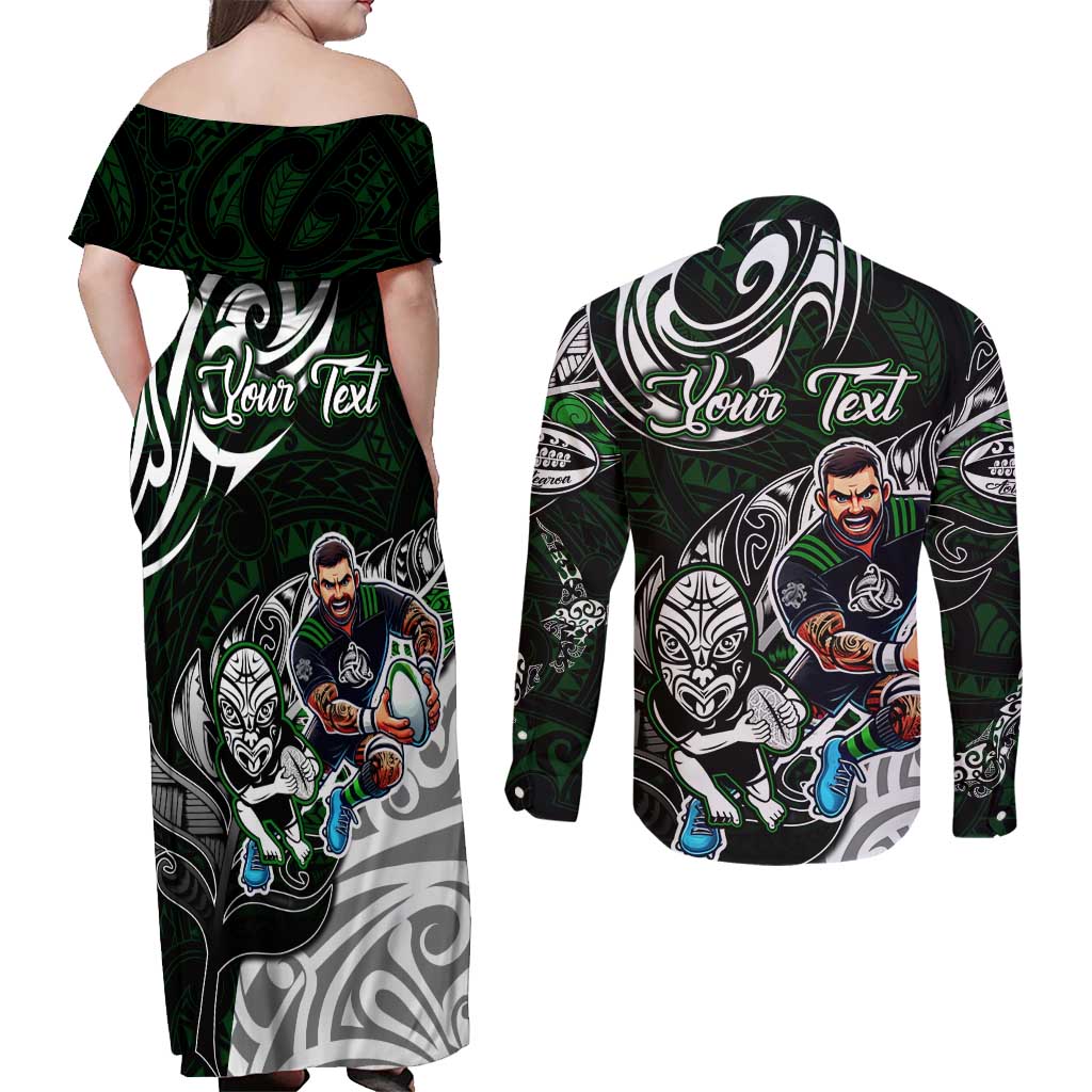 Personalized NZ Aotearoa Rugby Couples Matching Off Shoulder Maxi Dress and Long Sleeve Button Shirt New Zealand Silver Fern