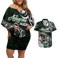 Personalized NZ Aotearoa Rugby Couples Matching Off Shoulder Short Dress and Hawaiian Shirt New Zealand Silver Fern