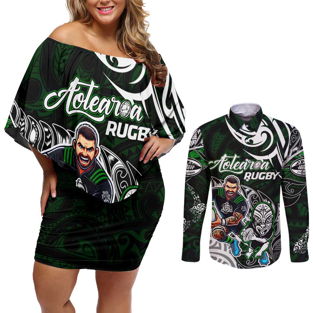 Personalized NZ Aotearoa Rugby Couples Matching Off Shoulder Short Dress and Long Sleeve Button Shirt New Zealand Silver Fern