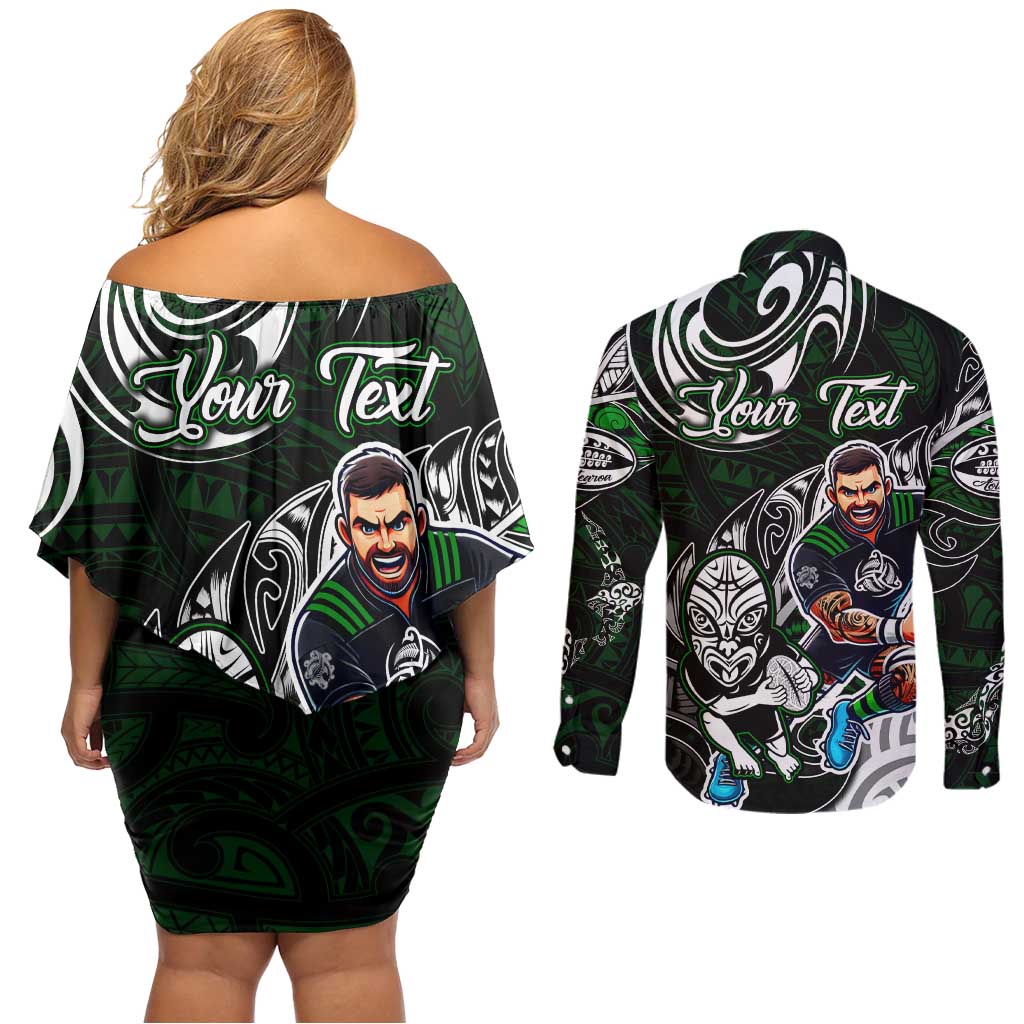 Personalized NZ Aotearoa Rugby Couples Matching Off Shoulder Short Dress and Long Sleeve Button Shirt New Zealand Silver Fern