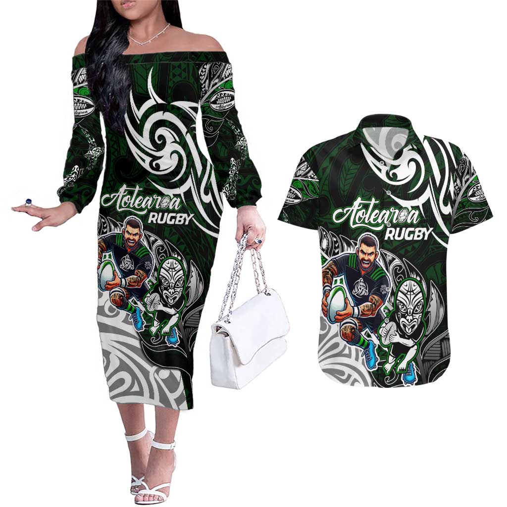 Personalized NZ Aotearoa Rugby Couples Matching Off The Shoulder Long Sleeve Dress and Hawaiian Shirt New Zealand Silver Fern