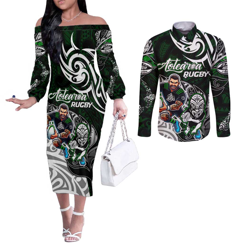 Personalized NZ Aotearoa Rugby Couples Matching Off The Shoulder Long Sleeve Dress and Long Sleeve Button Shirt New Zealand Silver Fern