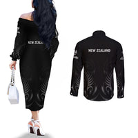 New Zealand Couples Matching Off The Shoulder Long Sleeve Dress and Long Sleeve Button Shirt Rugby 2023 Champions Black DT02 - Polynesian Pride