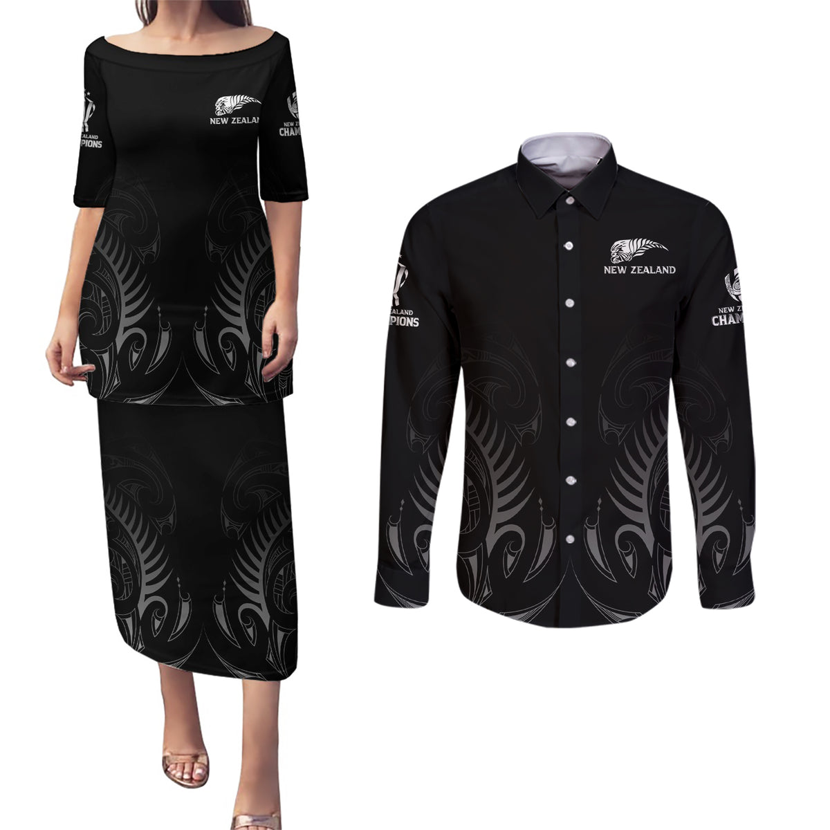 New Zealand Couples Matching Puletasi Dress and Long Sleeve Button Shirt Rugby 2023 Champions Black DT02 Black - Polynesian Pride
