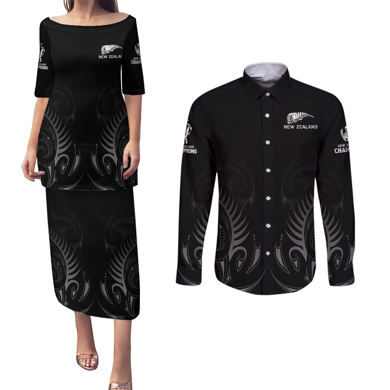 New Zealand Couples Matching Puletasi Dress and Long Sleeve Button Shirt Rugby 2023 Champions Black DT02 Black - Polynesian Pride