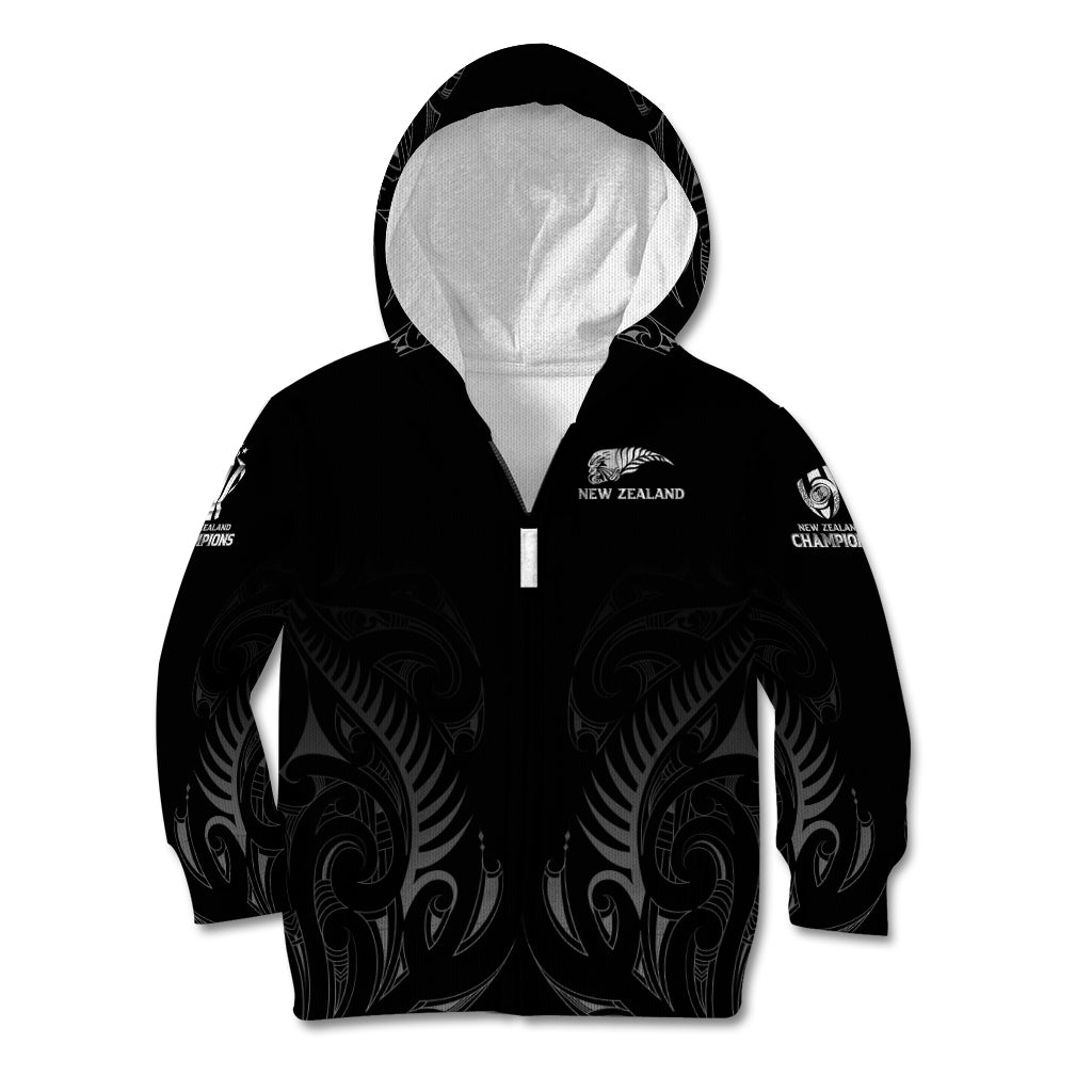 New Zealand Kid Hoodie Rugby 2023 Champions Black DT02 Zip Hoodie Black - Polynesian Pride