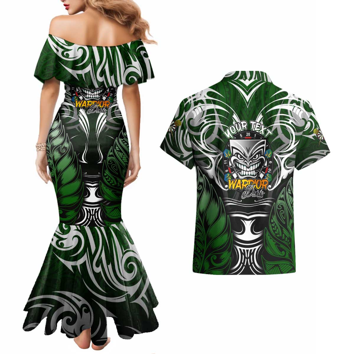 Personalised Warriors Maori Darts Couples Matching Mermaid Dress and Hawaiian Shirt New Zealand Darts Silver Fern