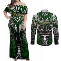 Personalised Warriors Maori Darts Couples Matching Off Shoulder Maxi Dress and Long Sleeve Button Shirt New Zealand Darts Silver Fern