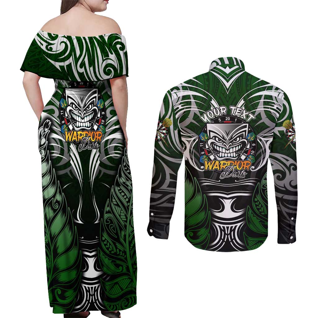 Personalised Warriors Maori Darts Couples Matching Off Shoulder Maxi Dress and Long Sleeve Button Shirt New Zealand Darts Silver Fern