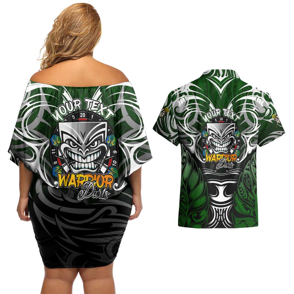 Personalised Warriors Maori Darts Couples Matching Off Shoulder Short Dress and Hawaiian Shirt New Zealand Darts Silver Fern