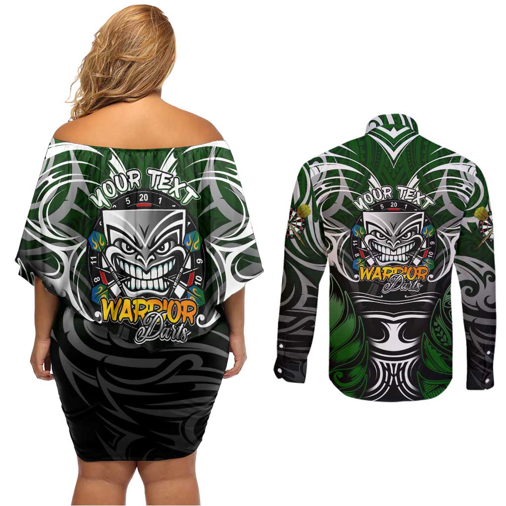 Personalised Warriors Maori Darts Couples Matching Off Shoulder Short Dress and Long Sleeve Button Shirt New Zealand Darts Silver Fern