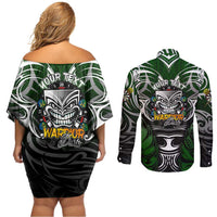 Personalised Warriors Maori Darts Couples Matching Off Shoulder Short Dress and Long Sleeve Button Shirt New Zealand Darts Silver Fern