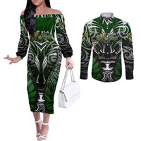 Personalised Warriors Maori Darts Couples Matching Off The Shoulder Long Sleeve Dress and Long Sleeve Button Shirt New Zealand Darts Silver Fern