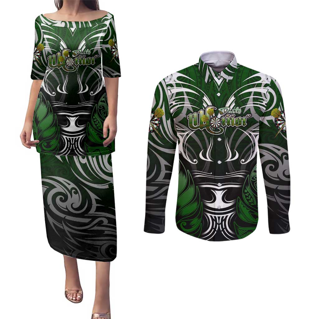 Personalised Warriors Maori Darts Couples Matching Puletasi and Long Sleeve Button Shirt New Zealand Darts Silver Fern