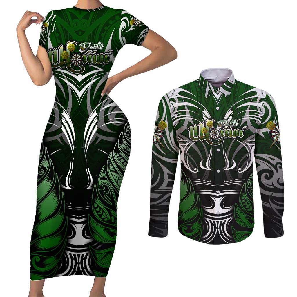 Personalised Warriors Maori Darts Couples Matching Short Sleeve Bodycon Dress and Long Sleeve Button Shirt New Zealand Darts Silver Fern